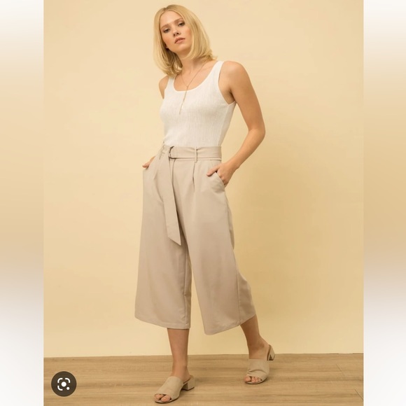 🆕Mystree Belted Wide Leg Cropped Trouser/Pants Olive Grey S,M&L Available - Picture 6 of 8